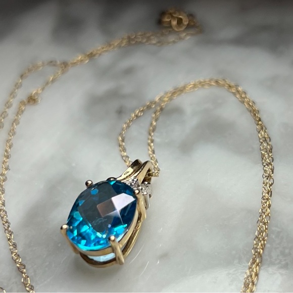 Vintage Solid 10K Gold Blue Topaz diamond pendant plus 10k 18” chain - Picture 5 of 12